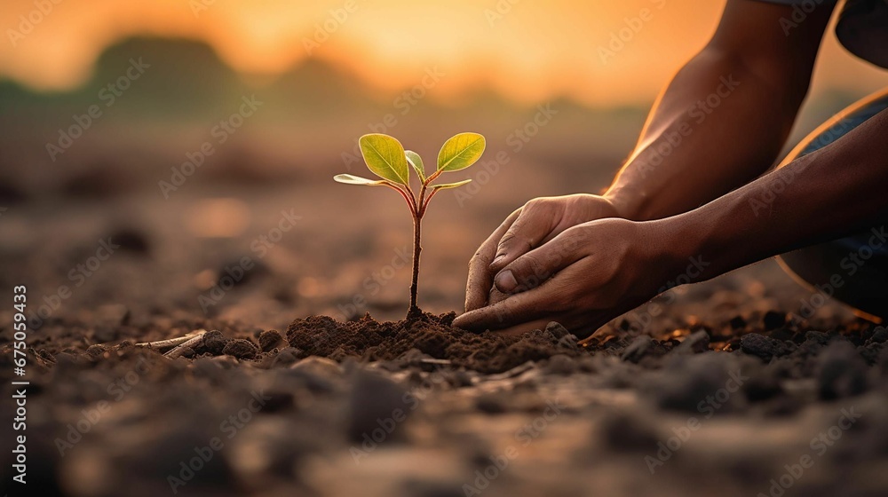 Person planting a tiny sapling in a barren landscape, AI-generated ...