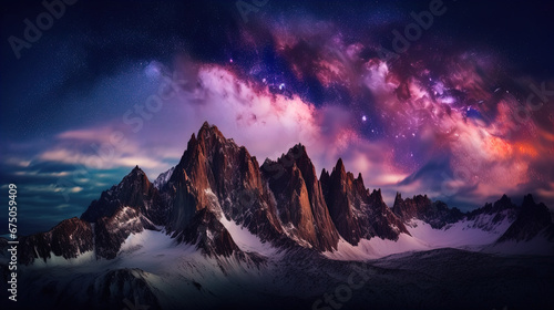 The image features a dramatic and breathtaking night landscape. A range of jagged, snow-covered mountains dominates the foreground, creating a stark contrast with the dark night sky. Above the peaks, 