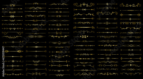 Golden color page Divider And Design Elements. Set of Various Simple Black Divider Design, Assorted Divider Collection Template Vector. Collection of floral dividers elements mega decoration