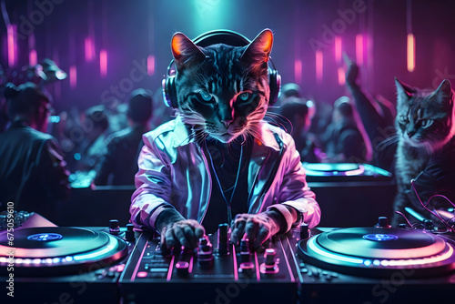 Vibrant neon-lit alley adorned with graffiti, featuring a cool cat DJ on a rooftop, spinning beats in the urban night.