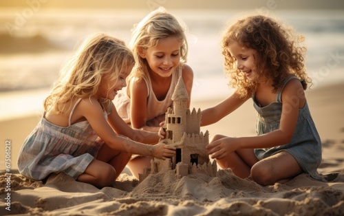 Happy children building a s...