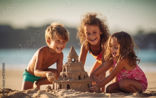 Happy children building a s...