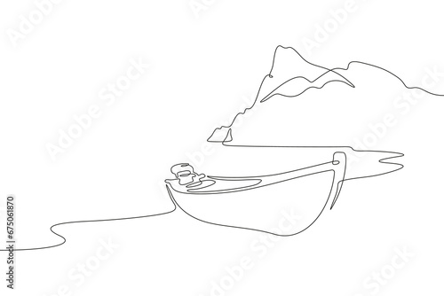 Boat on the shore. Seascape. Bay. Sea shore. Boat on the sand. Mountain cape. One continuous line drawing. Linear. Hand drawn, white background. One line.