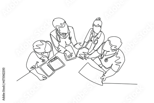 Single continuous line drawing young smart male and female specialist doctor discussion about patient surgery plan. Medical healthcare service concept. One line draw graphic design vector illustration