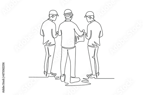 Single continuous line drawing back view young architect and foreman brainstorming about blueprint building design. Construction discussion planning. One line draw graphic design vector illustration