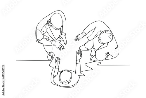 Single continuous line drawing of young businessmen chatting on business conference event from top view. Business discussion at office concept. Dynamic one line draw graphic design vector illustration
