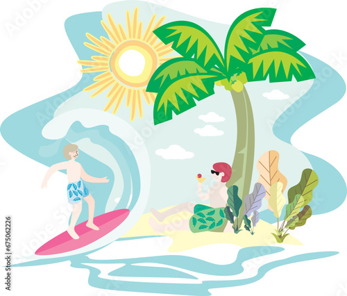 full color summer at the beach vector flat illustration