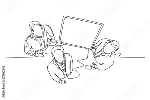 Single one line drawing top view of young happy business men meeting using flip chart. Business executive presentation teamwork concept. Modern continuous line draw design graphic vector illustration