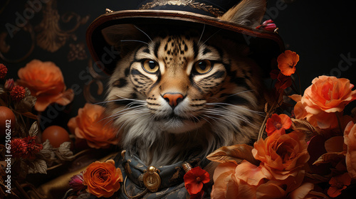 A Leopard In A Hat With Flowers, Background Image, Hd