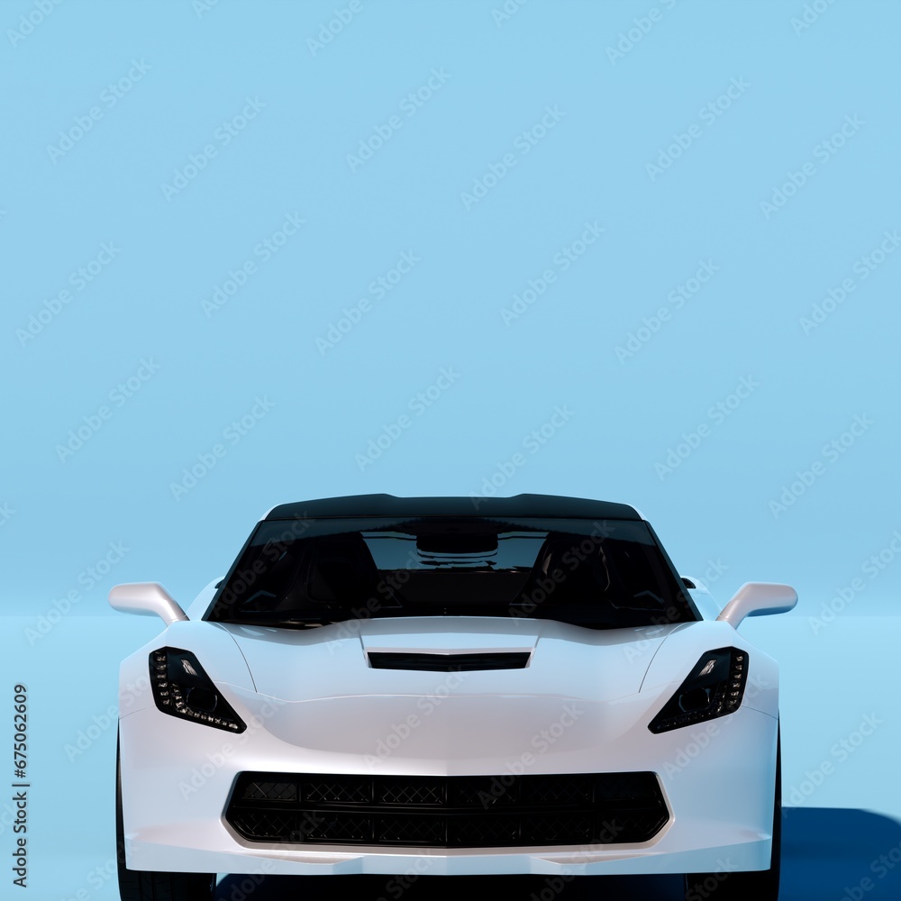 White sports car with blue background wall