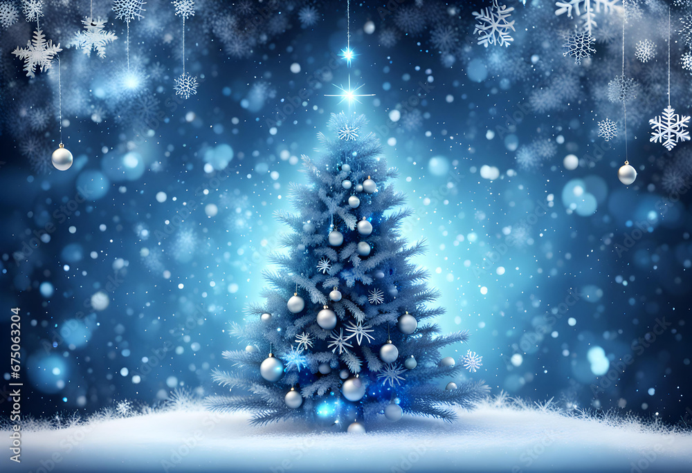 Blue sparkling Christmas background with big and luxurious Christmas tree and snowflakes