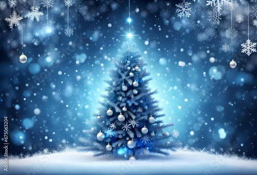 Blue sparkling Christmas background with big and luxurious Christmas tree and snowflakes © anmitsu