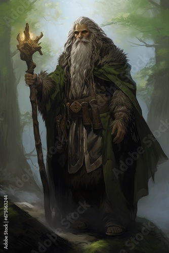 closeup person staff full illustration long white beard hair forbidden forest emerald herald wearing hat druid grey robes god forge green wood old man pub