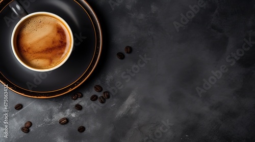 Coffee cup and coffee beans on black background, top view