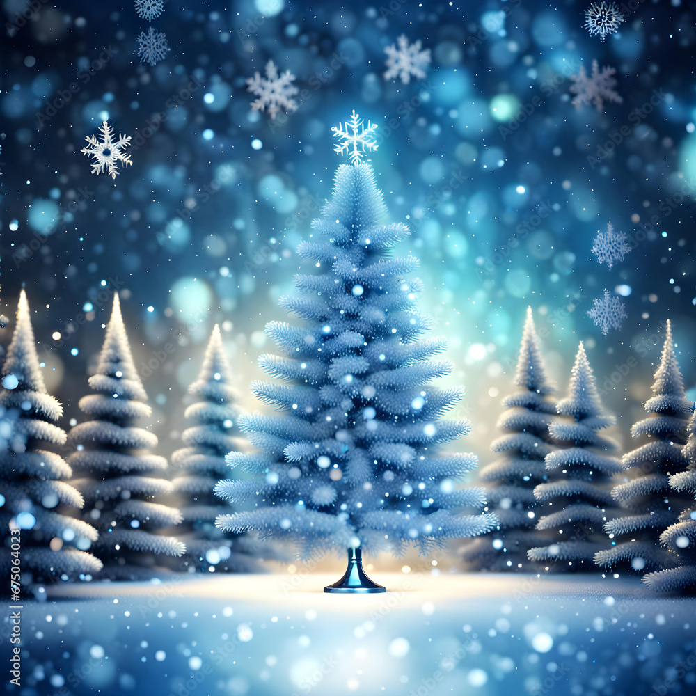 Blue sparkling Christmas background with big and luxurious Christmas tree and snowflakes Blue sparkling Christmas background with big and luxurious Christmas tree and snowflakes