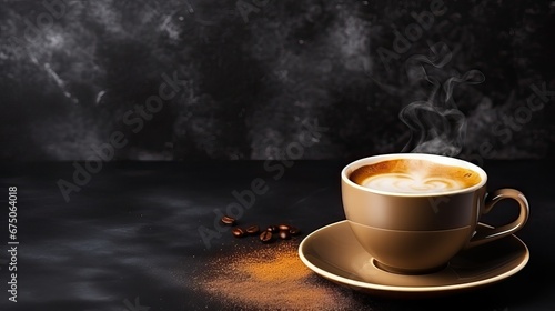 Coffee cup and coffee beans on black background, top view