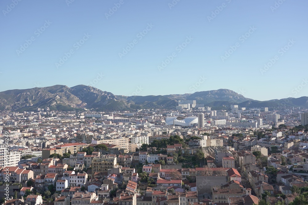 Blue sky over cityscape of Marseille, France captured from the cathedral of Notre dame de lagarde