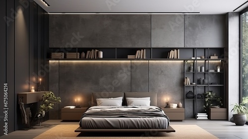 Interior of modern bedroom with white walls, concrete floor, comfortable king size bed and wooden wardrobe photo