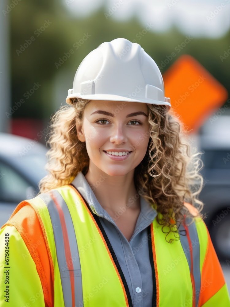 attractive curly haired female road construction worker attractive curly haired female road construction worker