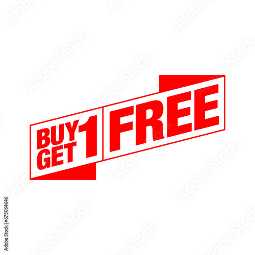 a red and white logo that says buy 1 get 1 free