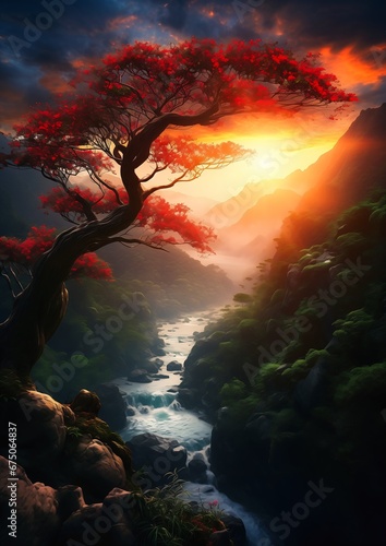 tree red leaves stands rocky cliff overlooking river gorgeous lighting matte bodhi sunset enchanted dreams poetry oriental painted time climb mountain path cartoon imagery photo