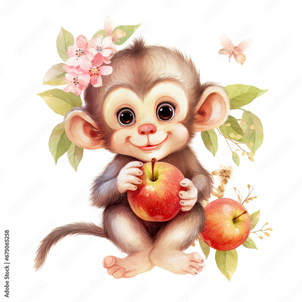 Fototapeta premium Baby monkey fruits and flower Illustration, Generative Ai