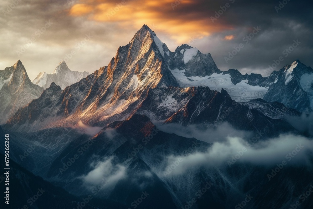 AI generated illustration of a majestic mountain range blanketed in ...