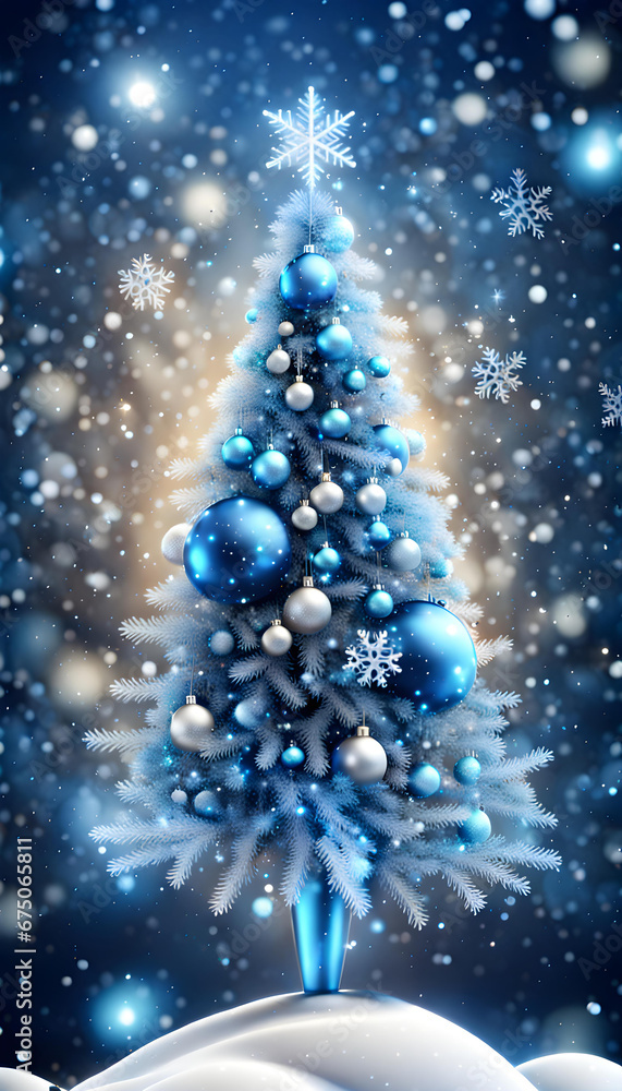 Blue sparkling Christmas background with big and luxurious Christmas tree and snowflakes Blue sparkling Christmas background with big and luxurious Christmas tree and snowflakes
