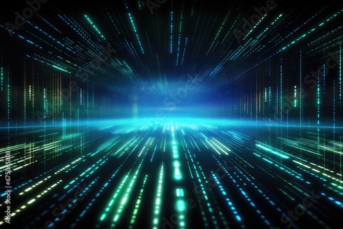 Abstract digital network waves and glowing blue and orange particle data on dark background. . Generative AI