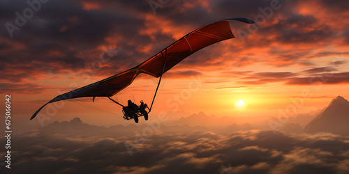 Hang gliding in sunset mountain clouds photo