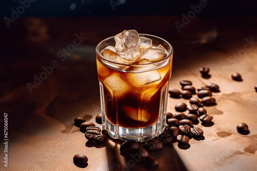 Golden Brew: Iced Coffee Amidst a Shower of Beans photo