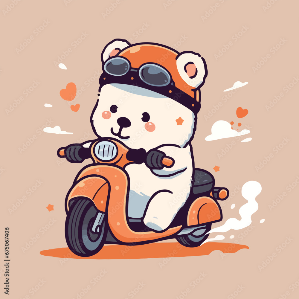 Fototapeta premium Vector illustration of an adorable cartoon teddy bear riding a motorcycle against a