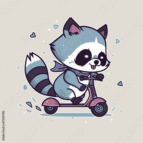 Vector illustration of a cartoon raccoon riding a toy motorscooter against a vibrant background