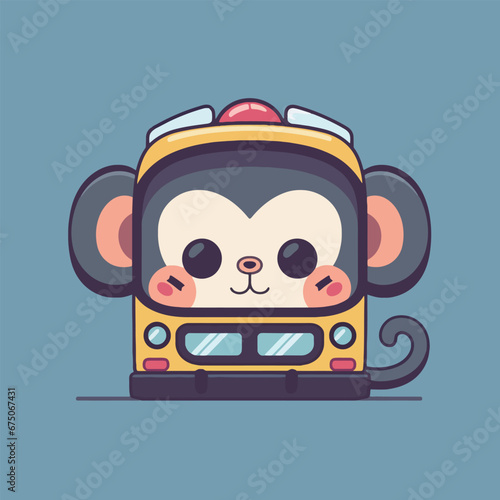 Vector illustration of a cute cartoon monkey driving a small toy bus against a vibrant background