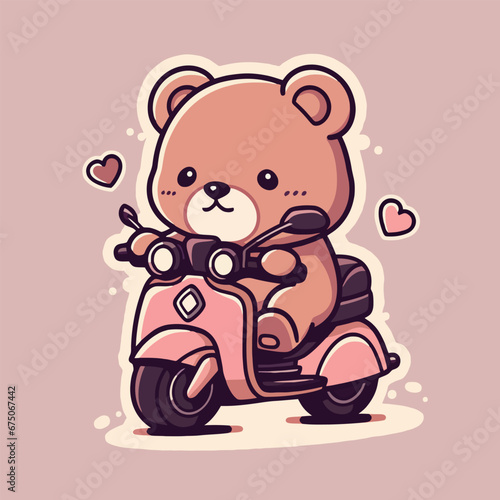 Vector illustration of an adorable cartoon teddy bear riding a motorcycle against a