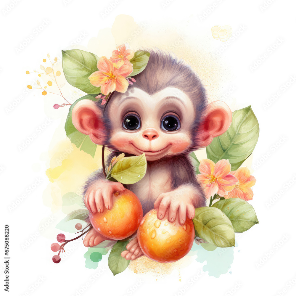 Fototapeta premium Baby monkey fruits and flower Illustration, Generative Ai