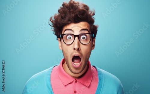 Surprised pin up style man with retro hairstyle, bright color background