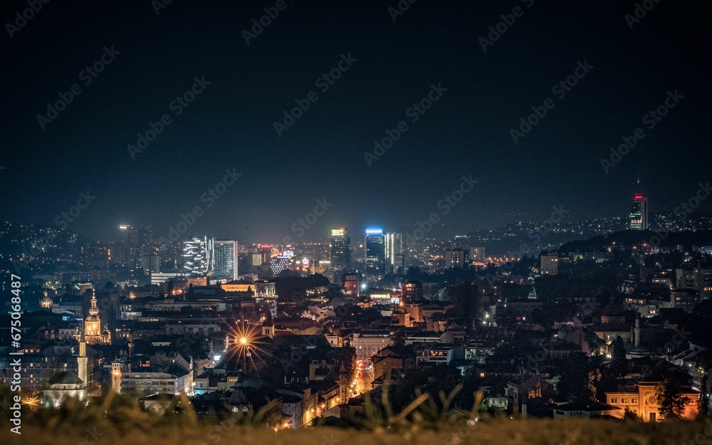 view of a city from an elevated vantage at night with grass and trees in fore