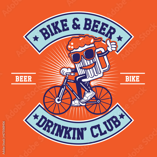 Beer Mug Riding Bike Mascot Character Design Hand Drawing Vector Illustration in Patch Design Bike and Beer Drinking Club
