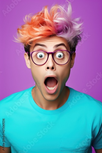 Surprised pin up style man with retro hairstyle, bright color background © piai