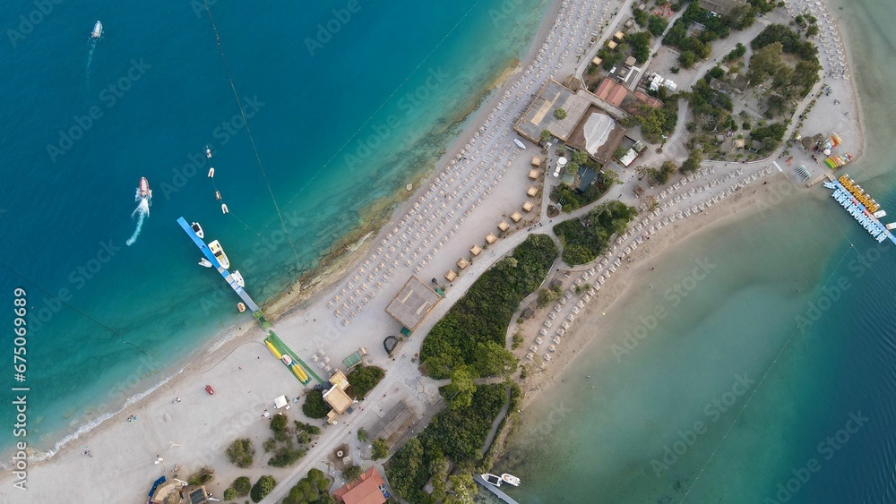Aerial view of the beach with moored boats. Oludeniz, Fethiye, Turkey.