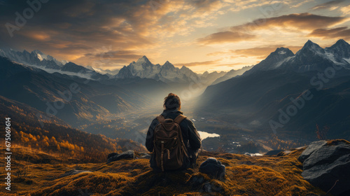 Back Of Free Calm Solitude Man Hiker Sitting Alone, Background Image, Hd