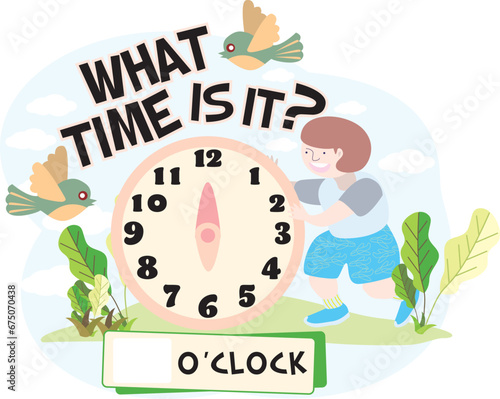 a clock show 6 o'clock ,Educational material for primary school students. What time is it? Vector illustration.