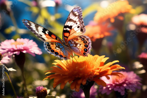 Tranquil journey Butterfly soaring above vibrant flowers. AI Generative wonder highlights the enchanting beauty and peacefulness of this natural moment.