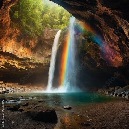 AI generated illustration of a rainbow cascading down into a lush  green and leafy jungle