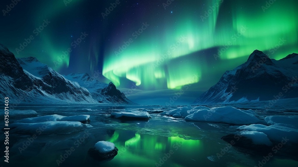 AI generated illustration of snow-capped mountains under the Aurora Borealis at night AI generated illustration of snow-capped mountains under the Aurora Borealis at night