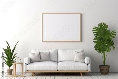 Discover tranquility A living room with minimalist aesthetics, natural elements, and a cozy white sofa is AI Generative.