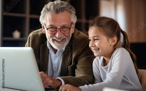 A granddaughter teaches his grandpa to use a laptop