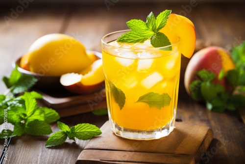 Quench your thirst with this vibrant Mango Iced Tea served on a rustic wooden table under the warm sun