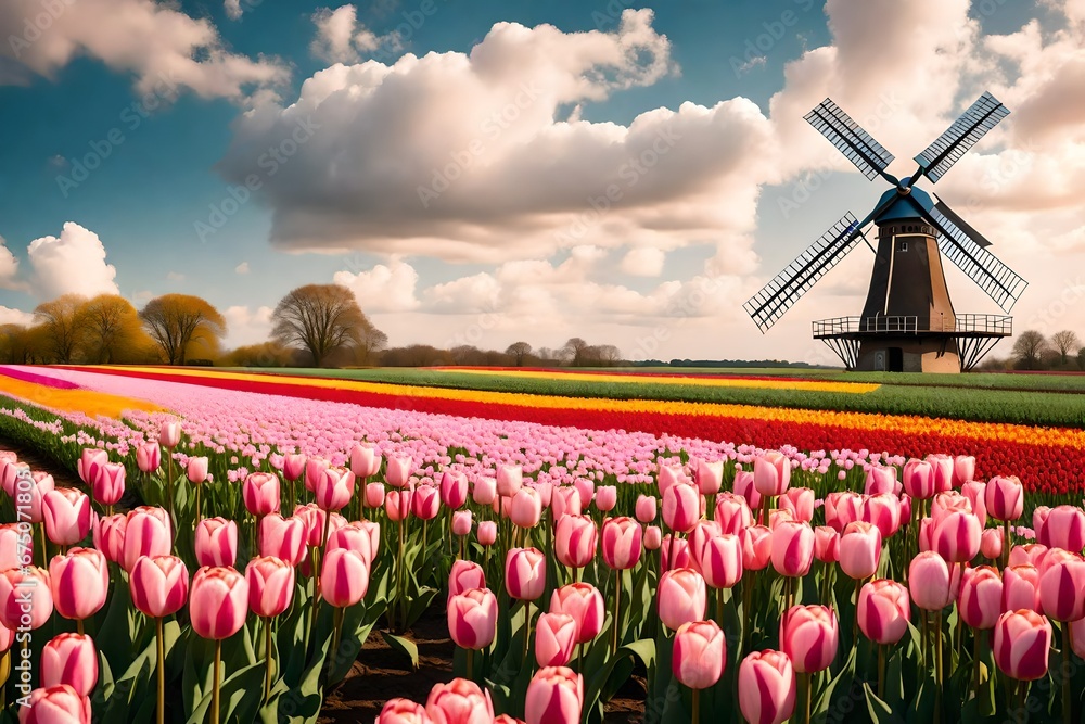 Realistic traditional landscape with tulip blooms, a windmill, a lovely springtime meadow, and the sky